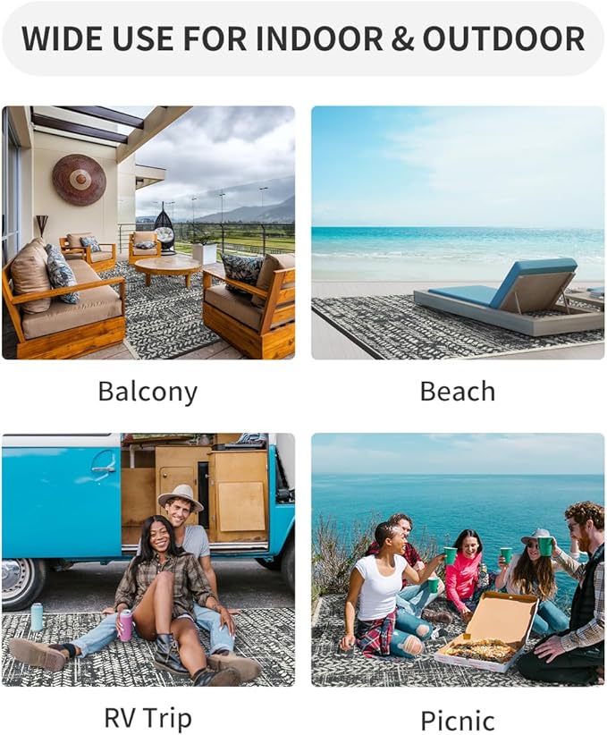 MontVoo Outdoor Rug Waterproof-Patio Rug Mat 6x9 Outdoor Carpet Reversible RV Camping Picnic Plastic Straw Rug Outside Outdoor Area Rug for Balcony Deck Backyard Patio Decor Boho Modern Abstract