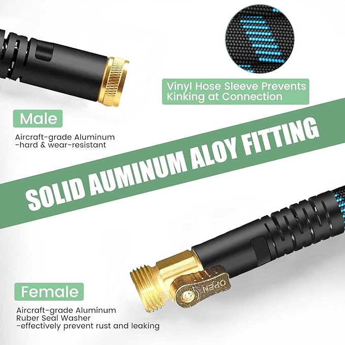 150Ft Non-Expandable Garden Hose, Flexible Water Hose with 10-Pattern Spray Nozzle, Lightweight Hose Pipe, Kink-Free, Leak-Proof, 3/4" Solid Metal Fittings