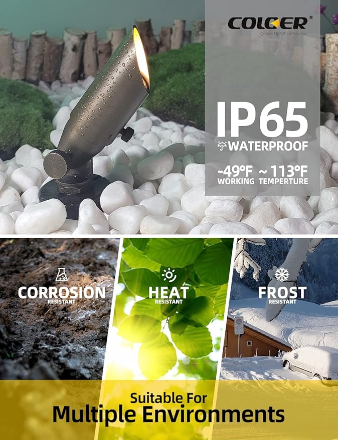 COLOER Mini Size Die-cast Brass Landscape SpotLights Outdoor,12Volt AC/DC Low Voltage Landscape Lighting,IP65 Waterproof Outdoor Adjustable Yard Spotlight with Stake(104B,Bronze,1-Pack Without Bulb)