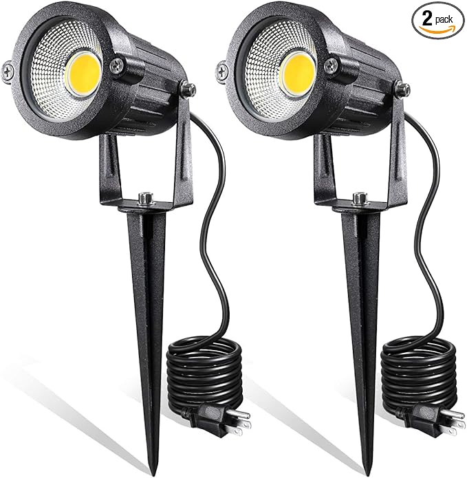 LED Landscape Lights,5W 120V AC Outdoor Pathway Garden Yard Spotlight,IP65 Waterproof Garden Flood Light,Outdoor Spotlight with Stake,UL Cord 5-ft with Plug (Pack of 2, Warm White)