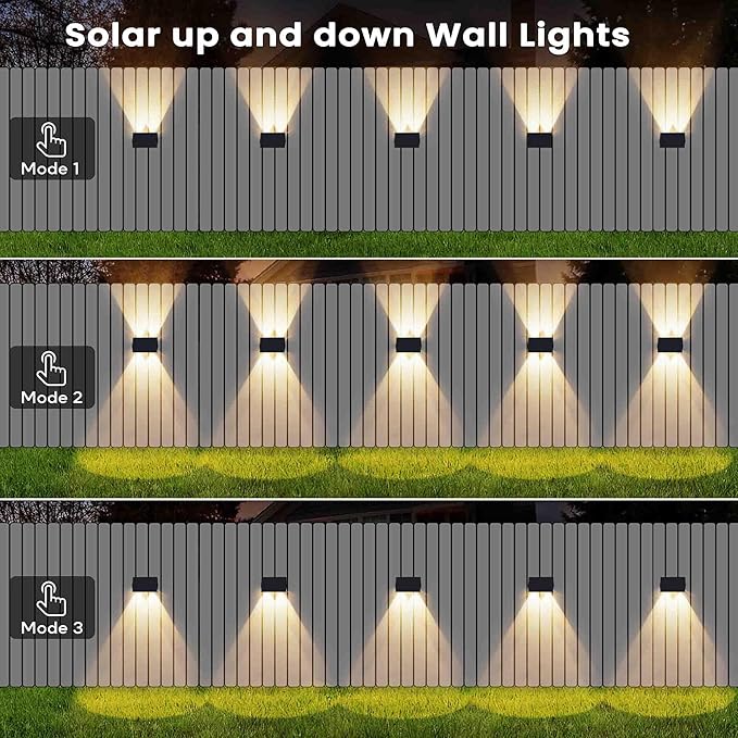Fence Lights Solar Powered, 6-Pack Solar Fence Lights Up/Down Flexible Buttons, IP67 Waterproof for Outdoor, 120LM Bright, Auto Dusk to Dawn for Wall/Stairs/Yard/Railing/Deck/Pathway (Warm White)
