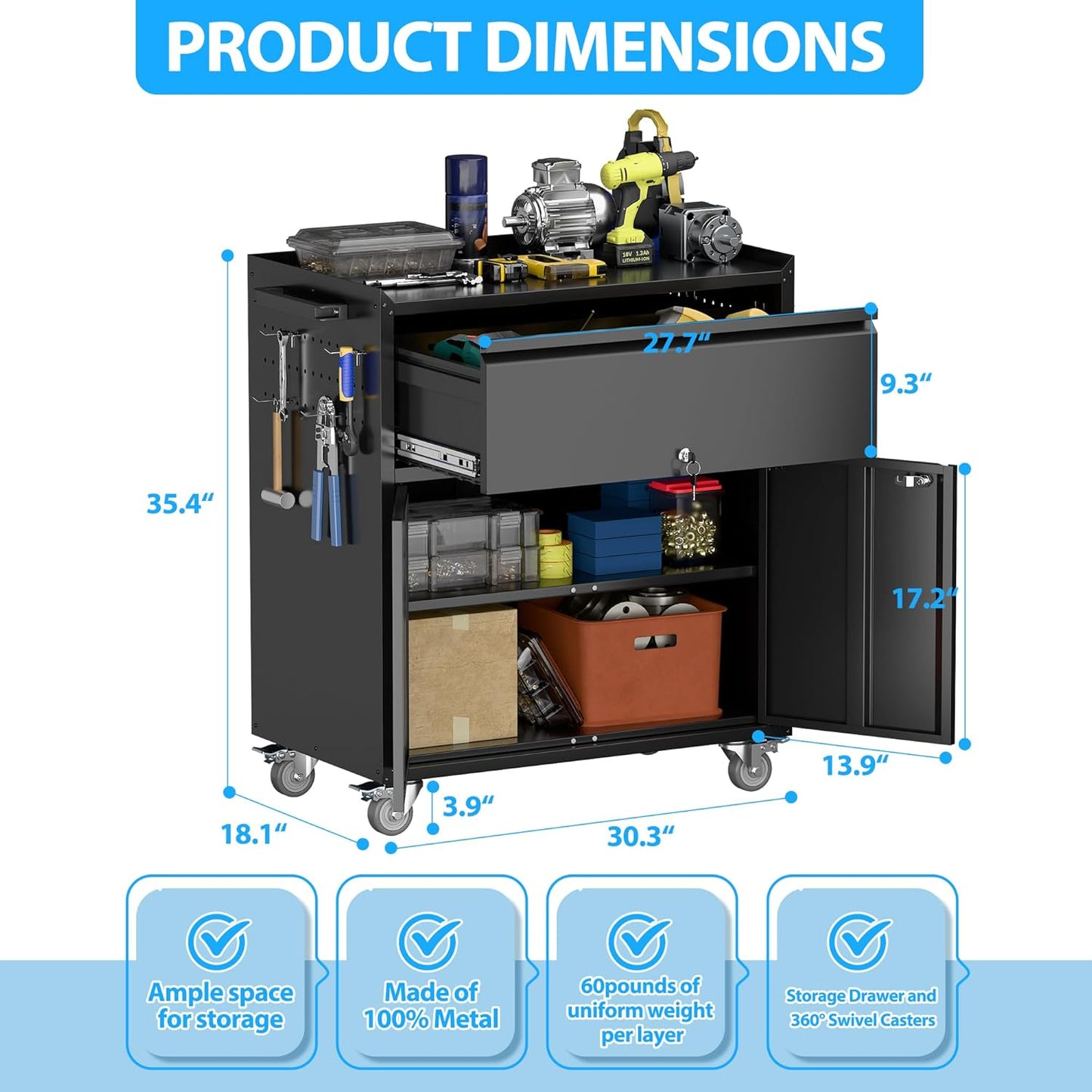 Metal Garage Storage Cabinet with Wheels and Pegboard, 35.4" H Lockable Tool Storage Cabinet with One Drawer, Adjustable Shelf and 4 Hooks for Garage, Warehouse, Black