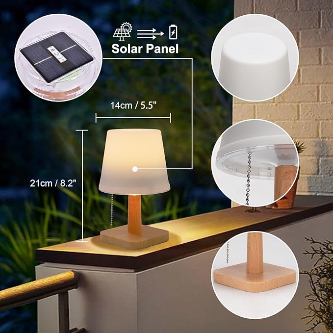 pearlstar Solar Table Lamp Outdoor - 2 Pack LED Waterproof Cordless Solar Desk Lamp with Pull Chain 2 Lighting Modes, Auto ON/Off for Outside Patio Coffee Table Garden Bedroom Living Room(White)