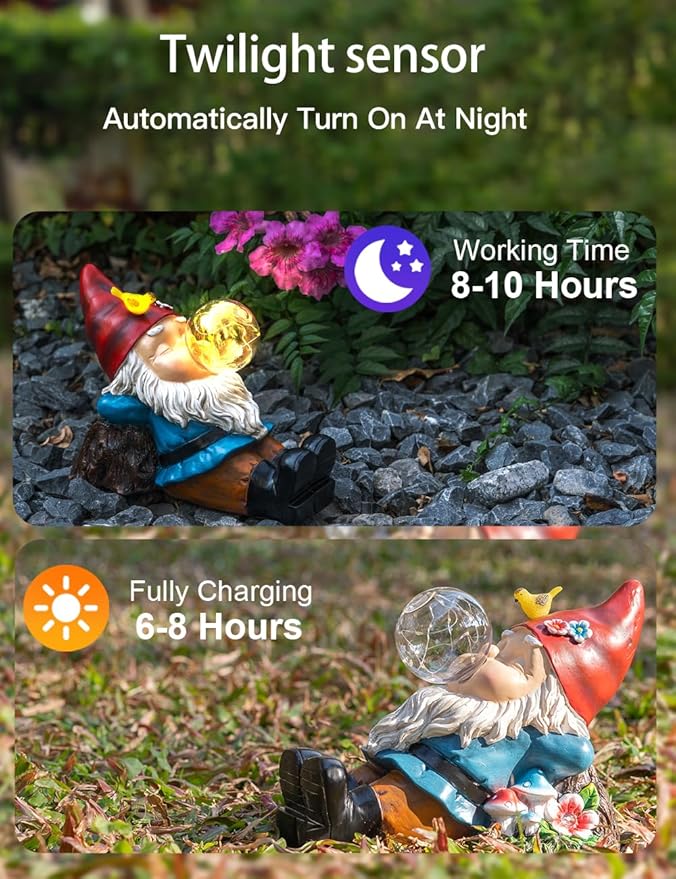 Solar Garden Statue Gnome Figurine Lights, Funny Sleepy Gnomes Dreaming, Outdoor Garden Decorations for Patio Porch，Gifts for Women Mum
