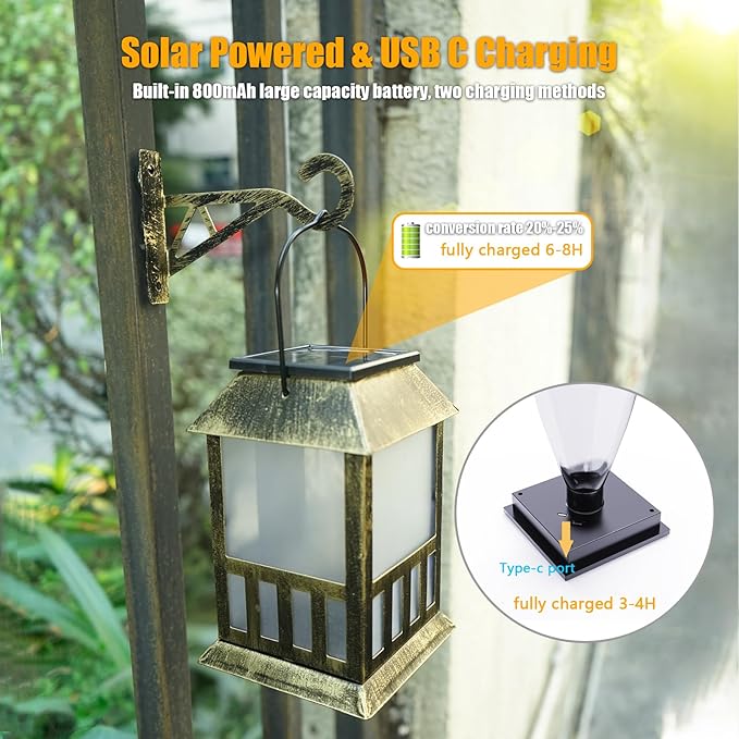 Solar Lanterns Outdoor Waterproof, Pathway Lights Hanging Lights with 3D Lighting Effects, Solar & USB C Charging, Metal Garden Decor Lights for Landscape Yard Patio Lawn Driveway, RGB Light 1 Pack