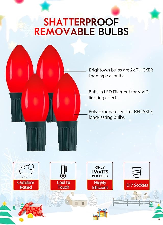 Vintage C9 LED Christmas Lights Outdoor, 50 Feet C9 String Lights with 50 Shatterproof Matte Bulbs, Connectable Waterproof Lights for Holiday Party Roofline Backyard Garden Patio, Red