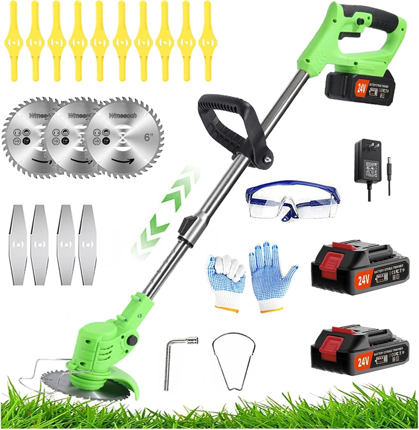 24V Electric Weed Wacker, Electric Cordless Weed Wacker Grass Trimmer Cordless with 2Pcs 2.0Ah Battery and Fast Charger, 10x Nylon Cutting Disc, 2 Types of Metal Cutting Disc