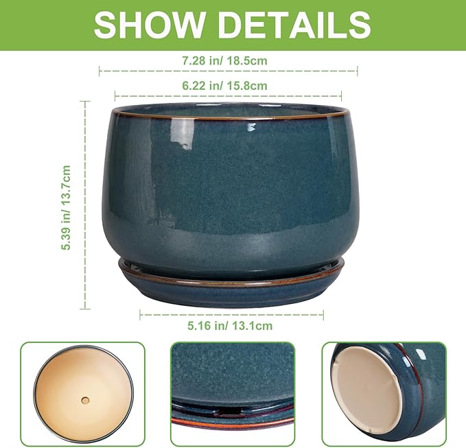 G EPGardening Ceramic Pot for Plants - Modern 7 Inch Round Planter with Drainage and Tray Indoor Outdoor for Flower, Porch Decor, Gardening Gifts, Retro Blue