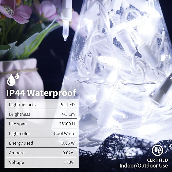 MULTI-SPARKING White LED Christmas Lights - 100 Count Cool White Christmas String Lights for Tree, Party, Wedding, Holiday, Indoor and Outdoor Decor, 33 Feet White Wire, UL Certified, Connectable