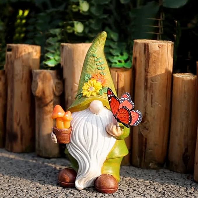 Garden Gnomes Outdoor Garden Decor-Resin Gnome with Solar Outdoor Lights Decorative Mushroom and Vivid Butterfly Spring Gnomes Decorations for Yard Decor,Gardening Gifts for Women