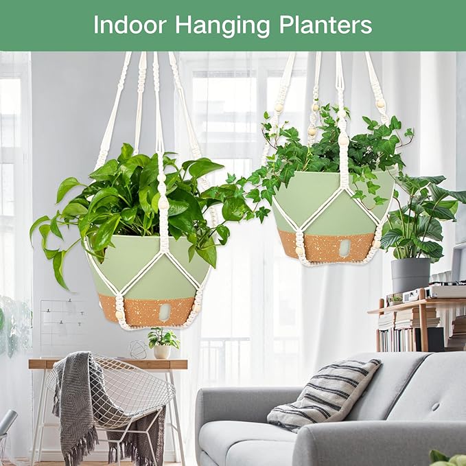 QCQHDU 2 Pack Hanging Planters for Indoor Plants, Outdoor Hanging Baskets, Self Watering Pots with Drainage Holes & Removable Tray (Green, 8 inch, Macrame Hanger)