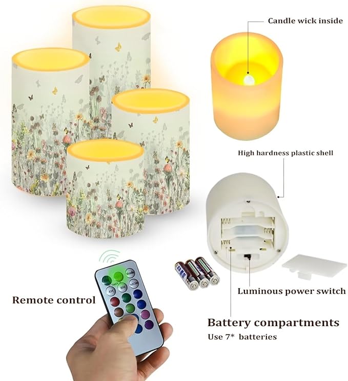 Flameless LED Candles Electric Candle Set with Remote Timer Color Changing Control Long Lasting for Table Centerpiece Home Indoor Wedding Decoration Set of 4, Flower Butterfly Grey