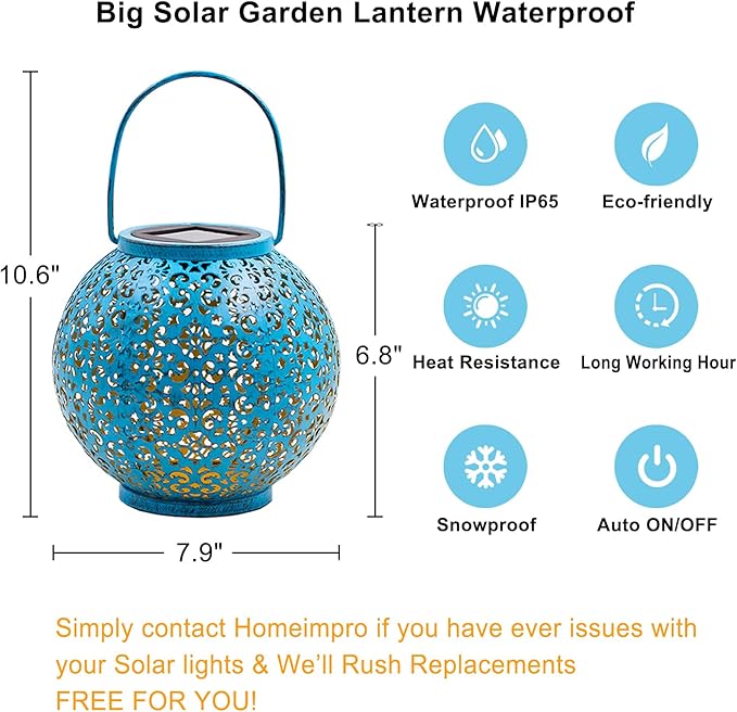 Homeimpro Solar Big Lantern Outdoor Waterproof Garden Gifts Mom, Metal Table Lights for Patio, Yard Art, Mothers Day Bithday Gifts for Women Men(1Pack, Teal Blue)