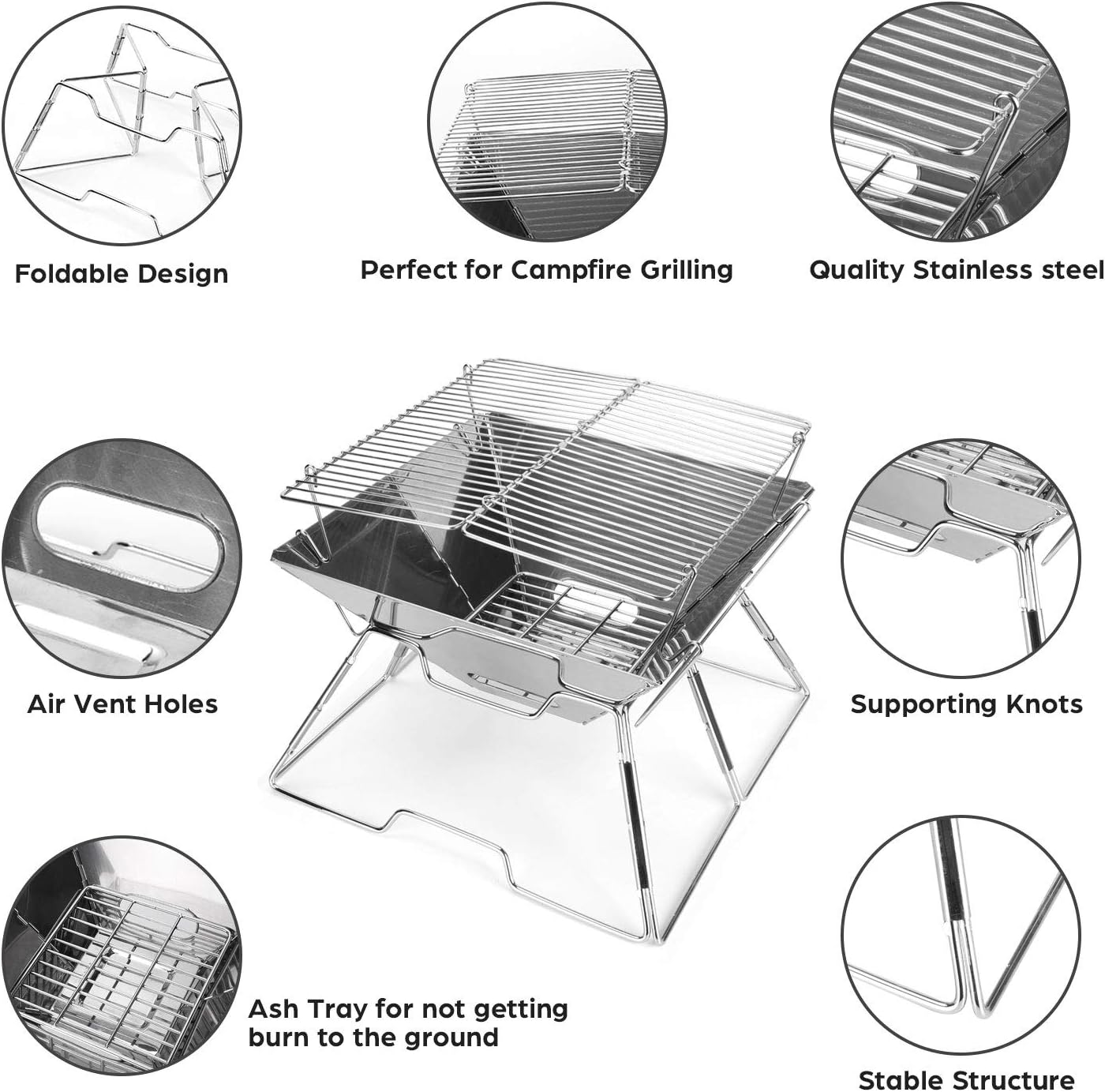 Odoland Folding Campfire Grill, 304 Stainless Steel Grate Barbeque Grill, Portable Camping Grill with Legs for Picnics, Backpacking, Outdoor with Carrying Bag and Kitchen Tongs