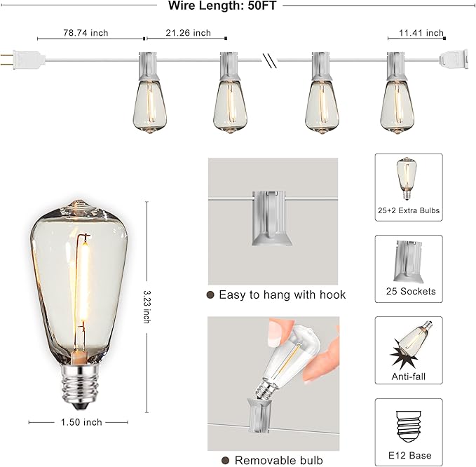 Outdoor String Lights 50FT Waterproof,LED Patio Lights Dimmable with 27 Bright Shatterproof Retro Bulbs,Vintage Edison String Hanging Lights for Outside Bistro,Backyard,Balcony,White Cable