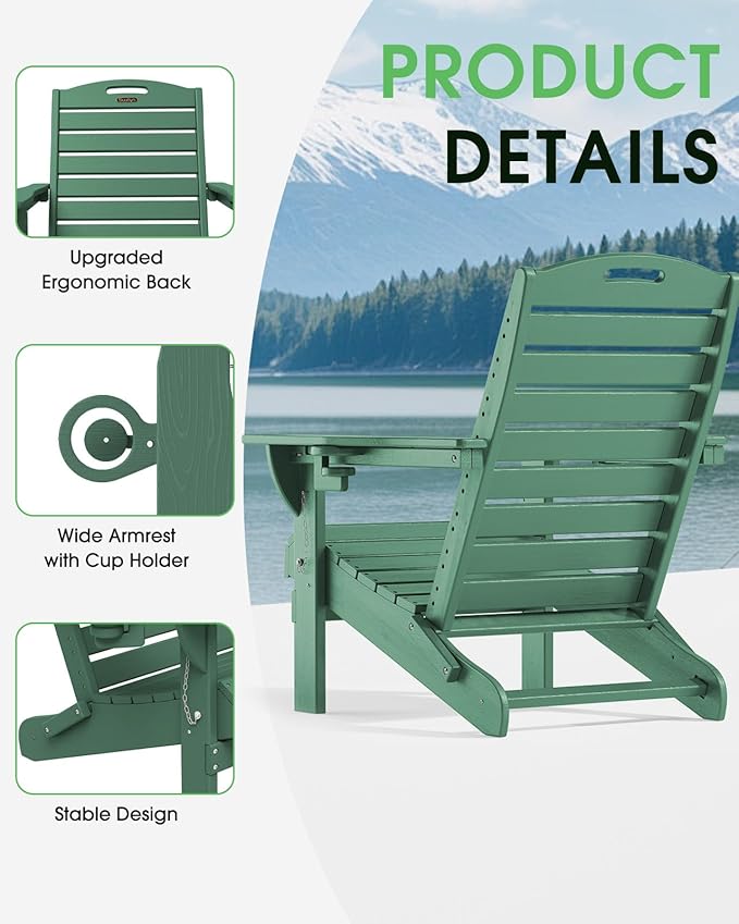 Adirondack Chairs Set of 2, Outdoor Fire Pit Chairs, HDPE All-Weather Adirondack Chairs with Cup Holder, Lawn Chair for Deck, Patio, Garden (Green)