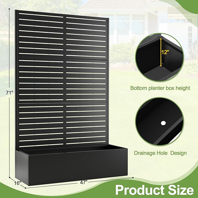 Trellis for Climbing Plants Outdoor，Mental Garden Bed with Drainage Holes Outdoor Privacy Screen Design Tall planters for herb Flower Vegetables 73"x47"x16", Black-Louvered
