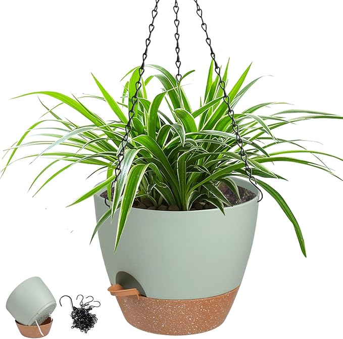 Hanging Planters for Indoor Outdoor Plants, 1 Set Self Watering Hanging Pot with Drainage Holes & Removable Tray (Green-12inch, 12'')