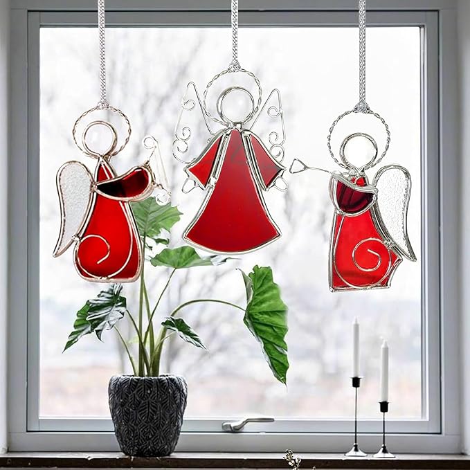 Angel Stained-Glass Sun-Catchers for Window Hangings,3PCS Handmade Stain Glass Angel Suncatchers Ornament for Women,Christmas Tree Decor Memorial Gifts for Mom