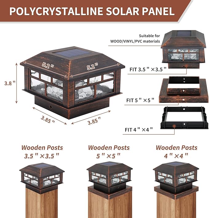 Solar Post Cap Lights Bronze Fence Deck Post Light Solar Powered Fit 3.5x3.5 4x4 5x5 Wooden Posts 8 Packs