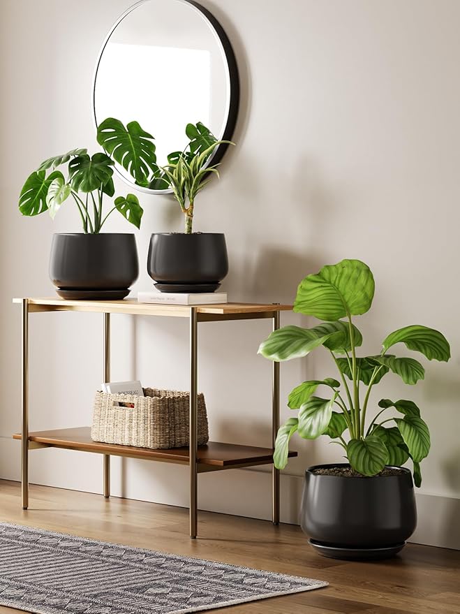 LE TAUCI Ceramic Planter, 10 Inch Plant Pot with Drainage Hole & Saucer – Durable Indoor Planter for Modern Home Decor, Black