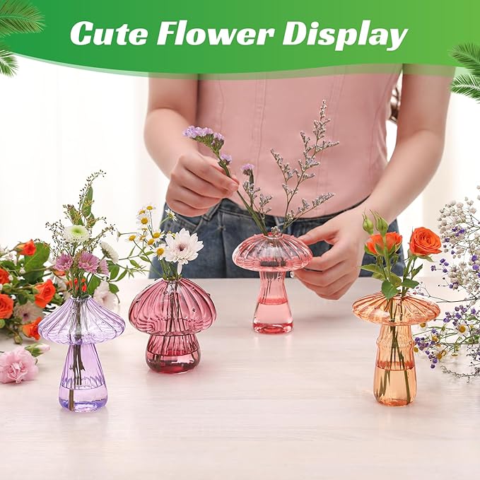 Mushroom Glass Vases for Indoor Plants, Set of 6 Colored Plant Propagation Stations, Mini Terrarium for Plants,Unique Small Hydroponic Pots for Flowers, Cute Decor Vase Gifts for Women