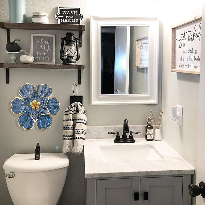 EASICUTI Blue Metal Flower Wall Decor Boho Metal Wall Art Decorations Hanging for Indoor Outdoor Home Bathroom Patio Fence Garden Bedroom Living Room Or Wall Sculptures 12 Inch