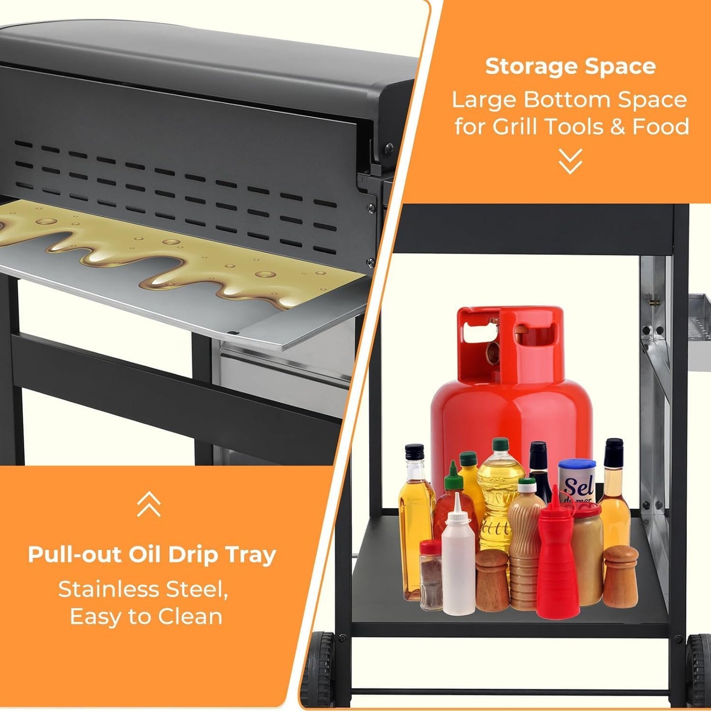 4 Burner Propane Gas Grill with Spice Rack, Foldable Side Tables, Durable Lid, Stainless Steel Burners, Built-in Thermometer, 34,200 BTU Gas Grill for Patio, Garden BBQ