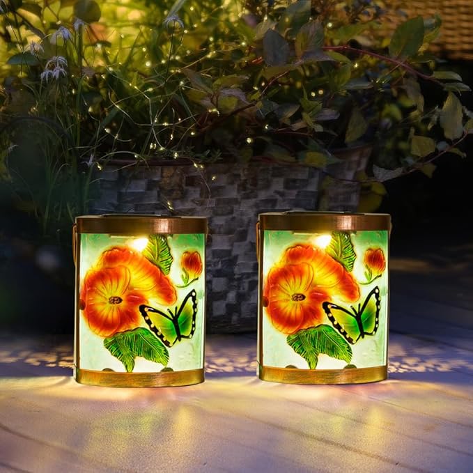 Starsoul 2 Pack Hanging Solar Lantern Outdoor Waterproof Glass Butterfly and Flowers Decorative Solar Lights for Outside Garden Yard Table Patio Decor