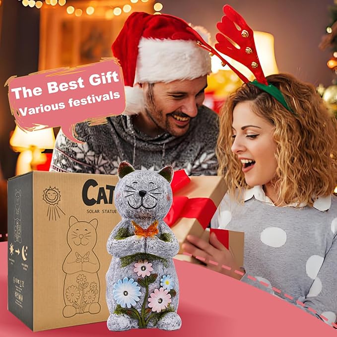 Solar Retro Cat Statue Outdoor - Resin Garden Outside Decorations with Butterfly for Patio,Balcony,Yard,Birthday Gardening Gifts for Women Mom