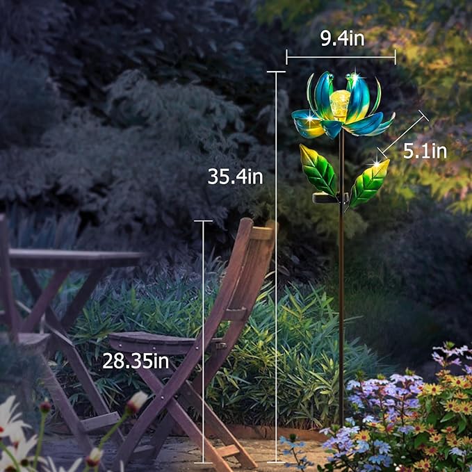 Solar Yard Lights Wind Spinners- Metal Lotus Flower Garden Decor LED Crackle Glass Globe Yard Art Sculpture Solar Stake Lights for Patio Pathway Lawn Walkway