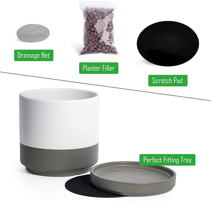 D'vine Dev 8 Inch & 10 Inch Ceramic Planter Pot for Plants with Drainage Hole and Saucer, Large Plant Pots Set, White/Speckled Grey, 94-G-L-6