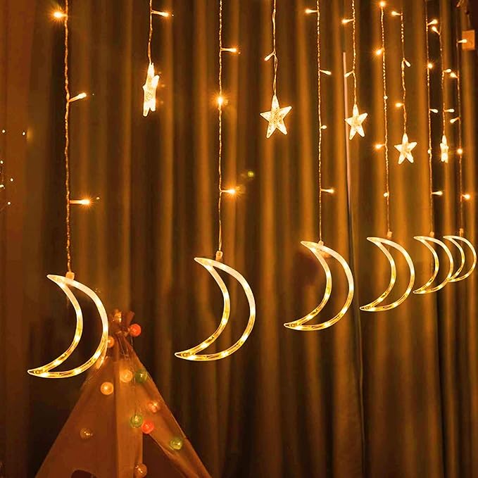 Dazzle Bright Ramadan Curtain String Lights, 138 LED 6.7ft x 3.2ft Warm White Star Moon 8 Lighting Modes Fairy Lights with Remote for Bedroom Wall, Wedding, Outdoor Party, Ramadan Decorations
