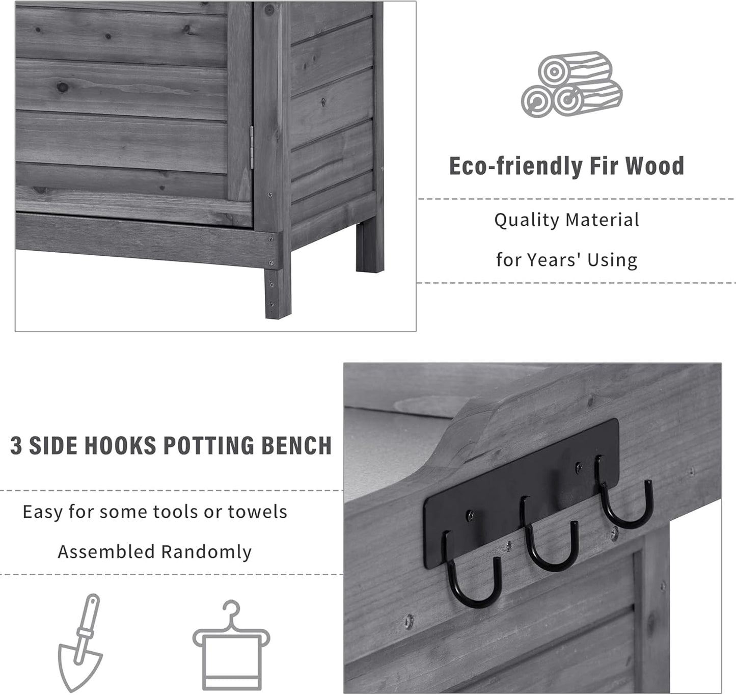 Merax Outdoor 39" Potting Bench Table, Rustic Garden Wood Workstation, Storage Cabinet with 2-Tier Shelves and Side Hook, Grey