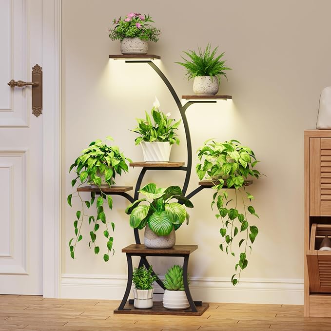 Plant Stand Indoor with Grow Lights - 7 Tiered Indoor Plant Shelf, 44" Corner Plant Stands for Indoor Plants Multiple, Metal Plant Shelves, Curved Plant Holder Rack for Living Room, Patio, Balcony