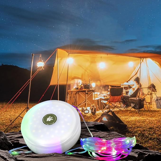 Solar Camping String Lights Roll Up 32.8FT, Rechargeable via Solar and USB, Waterproof Portable 2 in 1 Camping String Lights Lamp for Outdoor Camp Tent Garden Party Festival Decorations