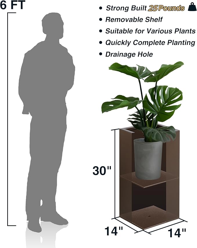 Large Planter for Outdoor Plant 14Lx14Wx30H Inches Metallic Heavy Tall Planter Box for Outdoor & Indoor, Rectangular Flowerpot 25Lbs/PC, Espresso, No Assembly and Seamless, Set of 2