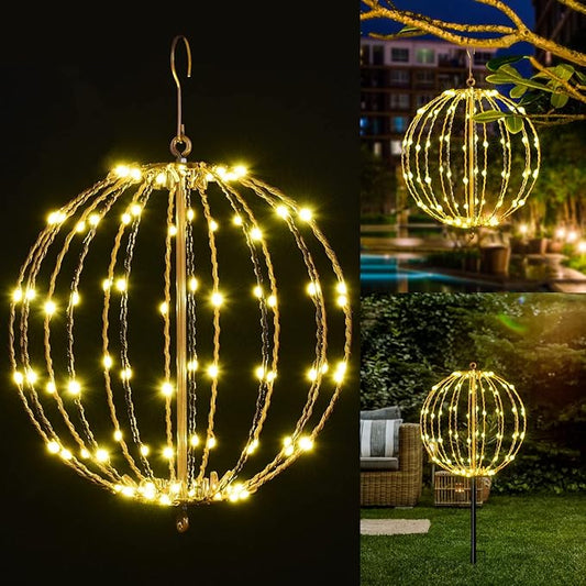 Christmas Ball Sphere, 12IN 96LED Hanging Tree and Pathway Lights With Hook and Stake, Foldable Metal Frame Ball for Outdoor Garden, UL Listed, Brown Frame, Warm White