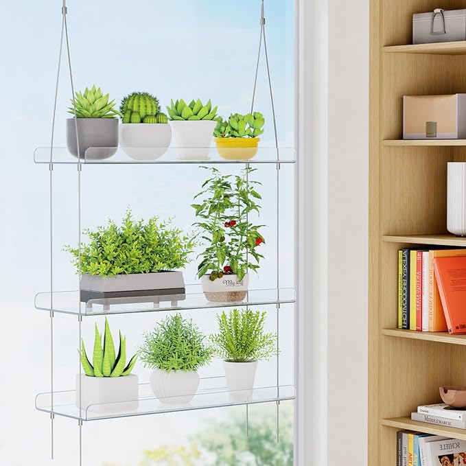 Lifewit 3-Tier Window Plant Shelves 15 inch, Acrylic Adjustable Hanging Floating Shelf, Window Sill Extender for Indoor Succulent Plants, Micro Greens, Seed Starter Pots, Herb Planters