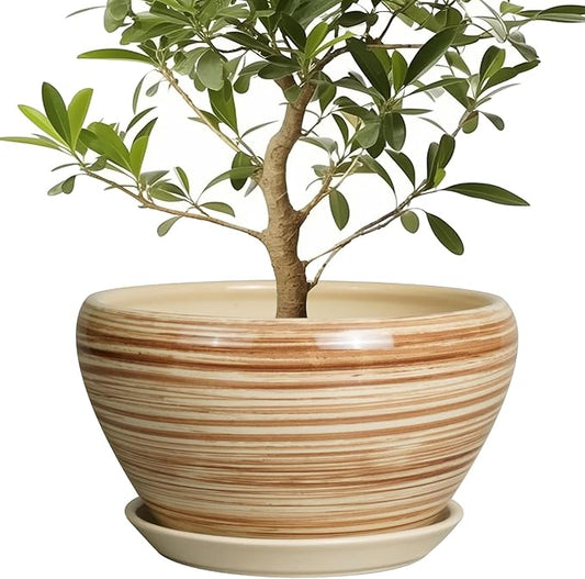 Ceramic Pot for Plants - 13 Inch Planter for Outdoor Plants Indoor Plant Pot with Drainage Hole and Saucer Large Planter Round Flower Pot for House Patio Garden Decor Yellow