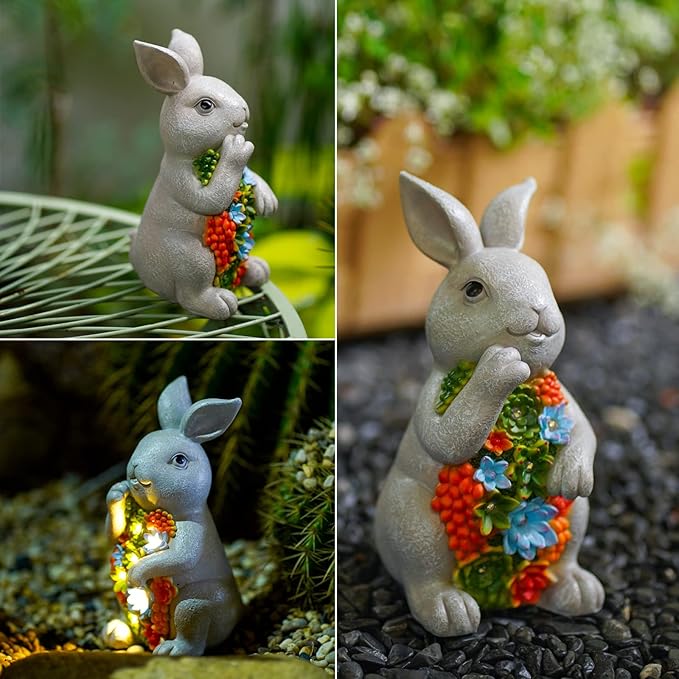 Nacome Solar Garden Outdoor Statues Bunny with Succulent and 7 LED Lights – Lawn Decor for Patio, Balcony, Yard Ornament - Unique Housewarming Gifts