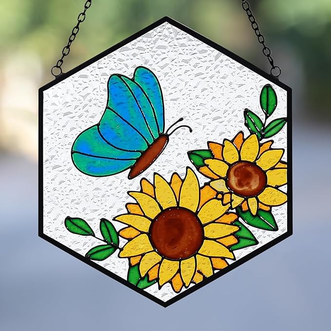 Butterfly Sunflower Stained Glass Suncatchers Windows Hanging Decorative,Hand Paint Sun Sunflower Catchers Indoor Ornaments with Stick Hook,Memorial Gifts for Mom/Women