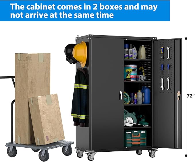 Upgraded Wide & Deep Extra Large Metal Storage Cabinet on Wheels,Lockable Garage Cabinets with 3 Pegboards,2 Tool Pouches for Garage,Office,Assembly Required,Black,43.3''W x 21.6''D x 72''H