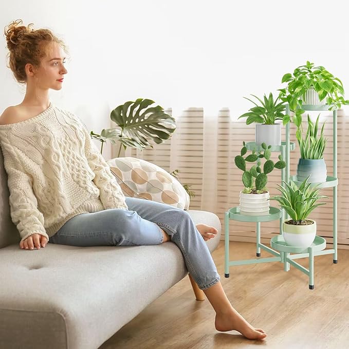 iDavosic.ly 5 Tier Large Plant Stand Indoor, 10 Inch Wide Corner Tall Metal Plant Stands Outdoor for Multiple Plants, Folding Tiered Flower Display Holder Rack Shelf, Light Green