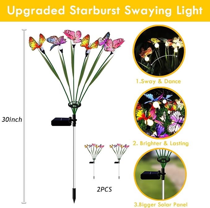 Swaying Solar Butterfly Light, Solar Garden Lights Outdoor Waterproof,Garden Decoration for Yard,Patio,Lawn,Pathway (2 Pack)