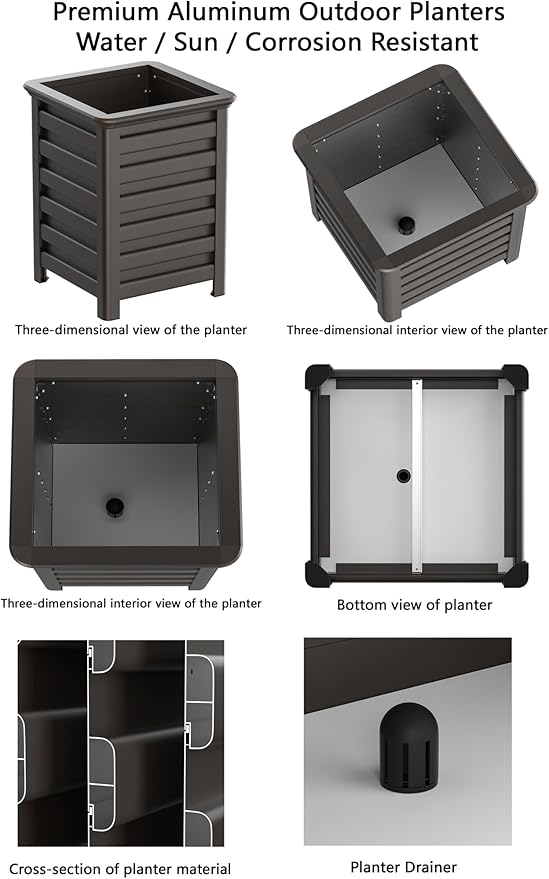 Aluminum Outdoor Planter - 19.68" Tall Planter Box for Patio Porch Indoor or Outdoor Durable Weather-Resistant Large Planters for Flowers with Drainage Hole, Dark Brown, 19.68"D x 19.68"W x 27.56"H