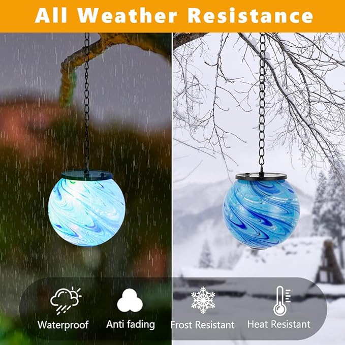 Hanging Solar Lanterns Outdoor Waterproof, Color Changing LED Solar Lantern, Gazing Ball Globe Hanging Lantern Decor for Yard Garden Patio