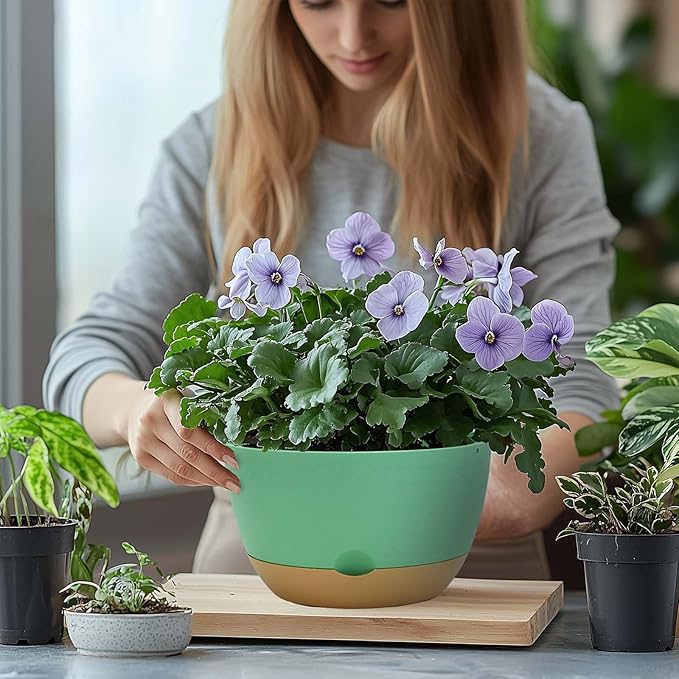 8 Inch Pots for Indoor Plants, Self Watering Planters with Drainage and Saucers, Plastic Outdoor Flower Pot, Set of 2, Green