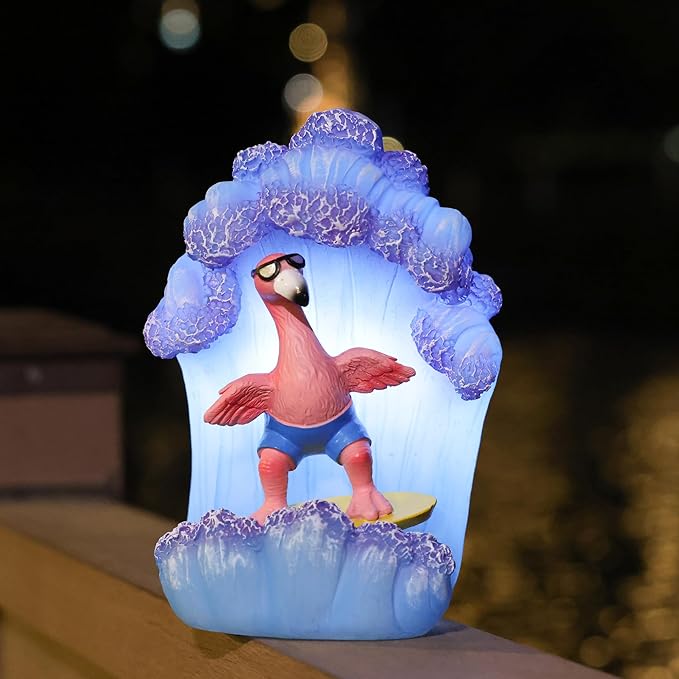 Pink Flamingos for Yard-Garden Statues Solar Outdoor Decor - Surfing Hawaii Beach Yard Art Light up Sea Wave Decor for Patio Lawn Yard