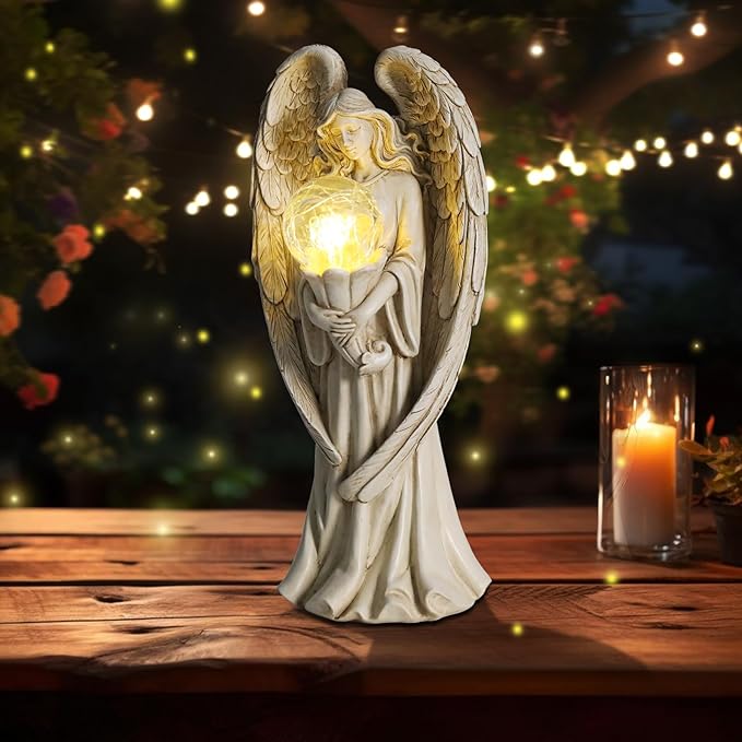 Angel Statues for Garden-Garden Angels Outdoor Statue - Solar Angels Figurines Holding Glass Ball for Outdoor Decor or Housewarming Gift